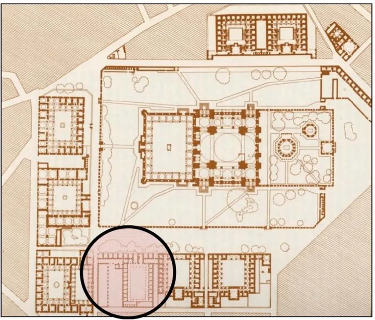 Figure 3. Plan of Medical Madrasa in Suleymaniye Complex                                                               (drawn by Feridun Akozan, 1961; tinting done by Tuna Kan) [14]