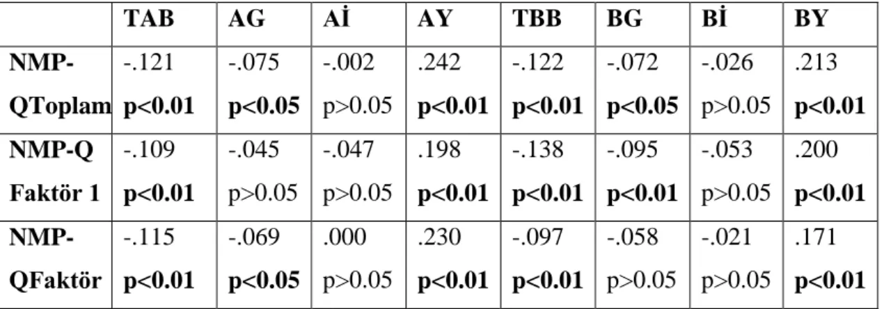 Çizelge 4.13.NMP-Q ve EABE Pearson Korelasyon Analizi Skorları 