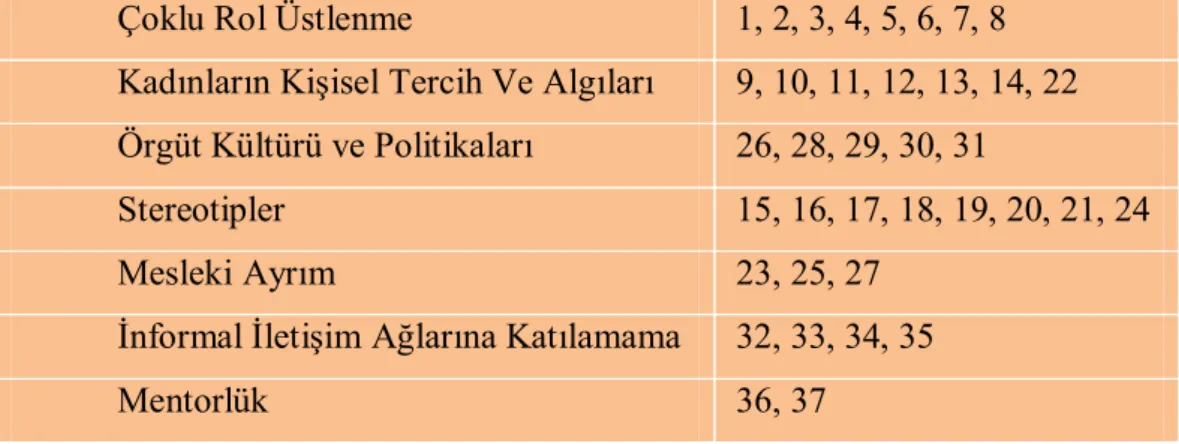 Tablo 3: Cam Tavan Sendromuna İlişkin İfadelerin Anketteki Numara  Karşılığı 