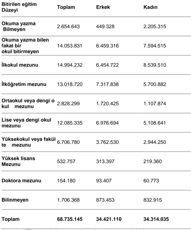 Çizelge 2.5: Bitirilen Eğitim Düzeyi ve Cinsiyete Göre Nüfus (6+yaş) 2013 Türkiye  Bitirilen eğitim  