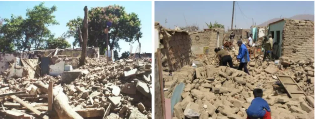 Figure 1. Total destruction of adobe houses caused by earthquakes in El Salvador          (2001, photo by Dominic Dowling, left) and Pisco, Peru (2007, right) 