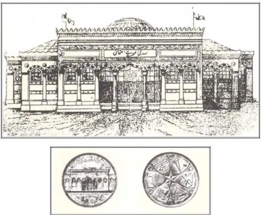 Şekil 2.2. : 1863 yılında ‘Sergi-i Umumi-i Osmani’ nin düzenlendiği sergi binası ve sergi  için özel olarak yapılan madalyalar (Özsoy, 1984)