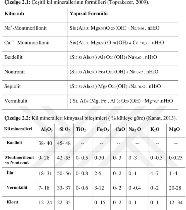 Çizelge 2.1: Çe şitli kil minerallerinin formülleri (Toprakezer, 2009). 