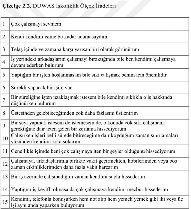 Çizelge 2.2. DUWAS İşkoliklik Ölçek İfadeleri 