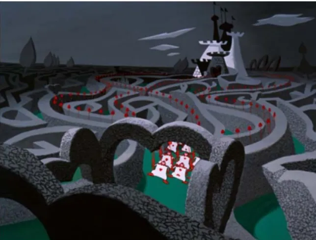 Şekil 4.4: Alice Harikalar Diyarında filminde kupa kraliçesinin bahçesinin ve  askerlerinin görüldüğü plan 