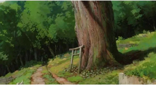 Şekil 5.5: Ruhların Kaçışı filminde ormana giden yolun kenarında ağaca yaslanmış  halde duran kirişin görünümü 
