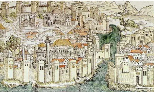 Şekil 3.3: 15. yüzyılda Galata ve çevresini gösteren gravür 