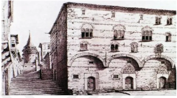 Şekil 3.9: Ceneviz Sarayı (Palazzo Del Comune), 19. yüzyılın ilk yarısı  Beyoğlu bölgesinin saray olarak adlandırılan ilk yapısı 1316 yılında inşa edilen  “  Palazzo  del  Comune”  dir