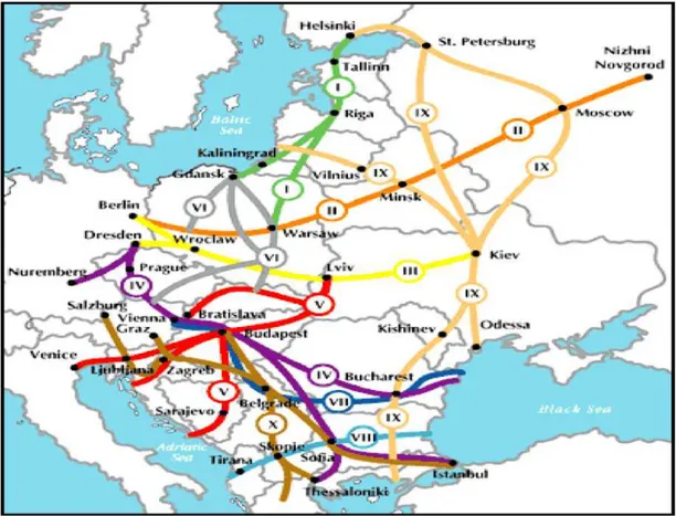 Şekil 5:Pan-Avrupa Koridorlarının Geçtiği Ülkeler ve Güzergâhları (TRACECA Türkiye,2012)