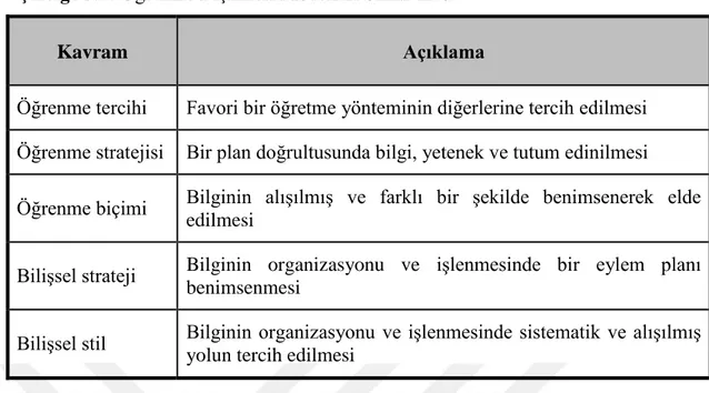 Çizelge 3.2: Öğrenme Biçimleri Modelleri Sınıflaması 