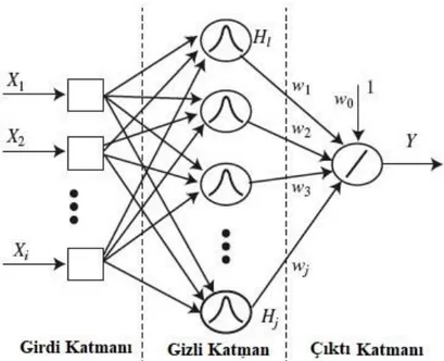 ġekil 3.3: Radyal tabanlı fonksiyon ağ yapısı (Şen, 2004) 