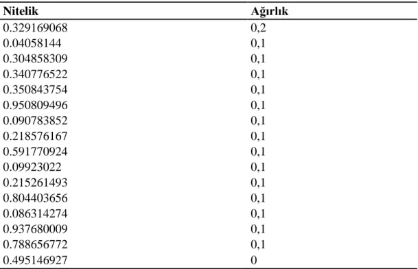 Çizelge 9 – Hızlı büyük marj algoritması nitelikleri ve ağırlıkları 