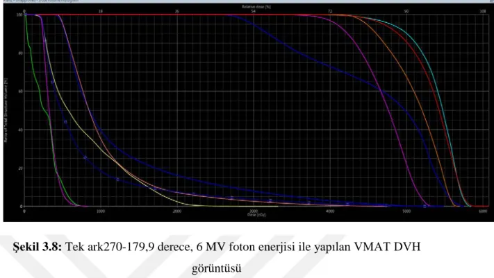Şekil 3.8: Tek ark270-179,9 derece, 6 MV foton enerjisi ile yapılan VMAT DVH  görüntüsü 
