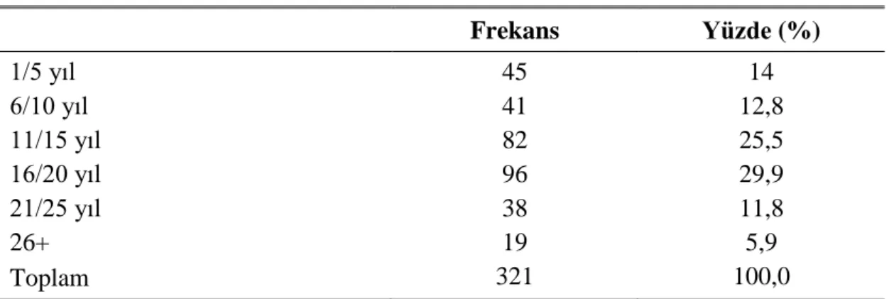 Çizelge 3.5: Mesleki Kıdem  Durumuna Göre Dağılım     Frekans  Yüzde (%)  1/5 yıl  45  14  6/10 yıl  41  12,8  11/15 yıl  82  25,5  16/20 yıl  96  29,9  21/25 yıl  38  11,8  26+  19  5,9  Toplam  321  100,0 