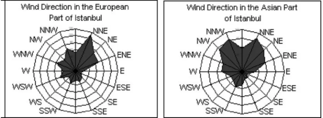 Figure 2. Wind direction in the European and the Asian part of Istanbul, Turkey, during the years 2002 and 2003