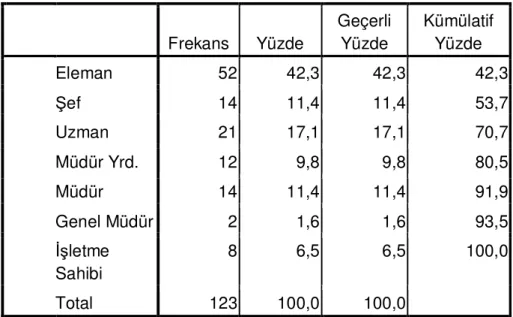 TABLO 9: Araştırmaya Katılanların Mevcut Şirketteki  Pozisyonu