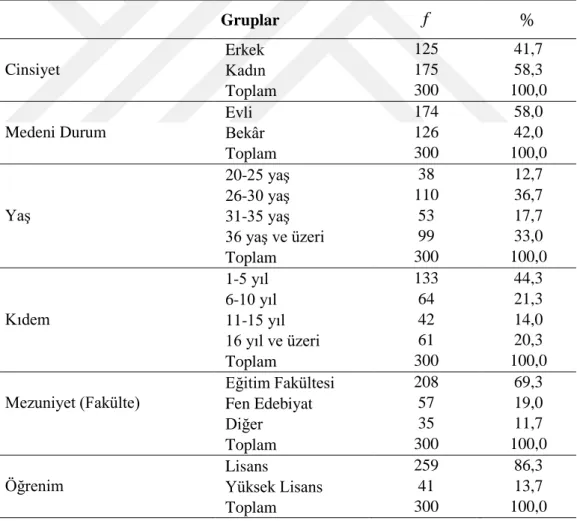 Çizelge 4.1: Grubun Demografik Yapısına İlişkin Frekans ve Yüzde Değerleri:  Gruplar