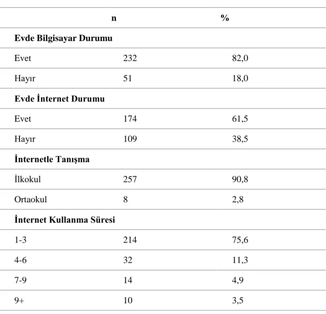 Çizelge 3.3:  Bilgisayar ve İnternet Kullanımına İlişkin Bulgular 