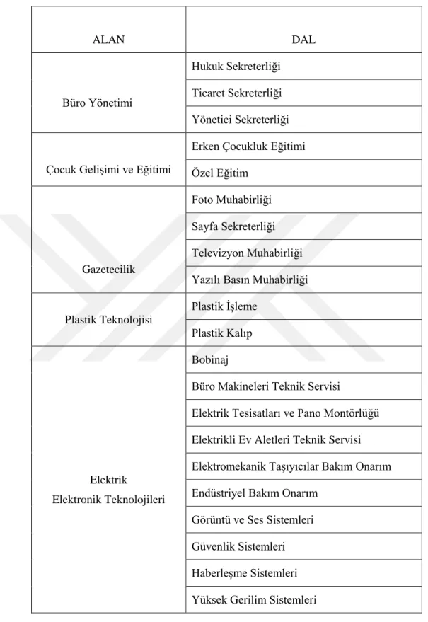 Çizelge 2.1: Türkiye‘de mesleki eğitim veren okullarda bazı alan ve dallar.  ALAN  DAL  Büro Yönetimi  Hukuk Sekreterliği  Ticaret Sekreterliği  Yönetici Sekreterliği 