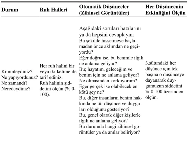 Çizelge 2.3: Etkin Düşünce Belirleme Formu 