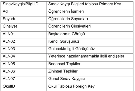 Tablo 4.2 Sınav Kaygısı Anket Tablosu Bilgi 