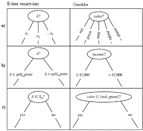 ġekil 2.15: Ayırma kriterine bağlı olarak karar ağacındaki üç olası durum ((Han &amp;  Kamber 2006)‘dan izin alınarak değiştirilmiştir) 