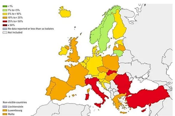 Şekil 2.5: İnvaziv E. coli izolatlarında 3. kuşak sefalosporin direnç yüzdeleri, AB  Ülkeleri ve Türkiye, 2012 (THSKB 2015) 