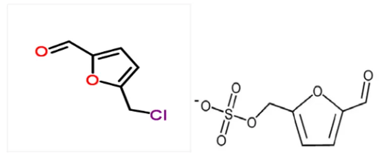 Şekil 2.5. 5-klorometilfurfural (Url-2) ve 5-sülfooksimetilfurfural (SMF)’ın kimyasal  yapısı (Bakhiya ve diğ., 2009)