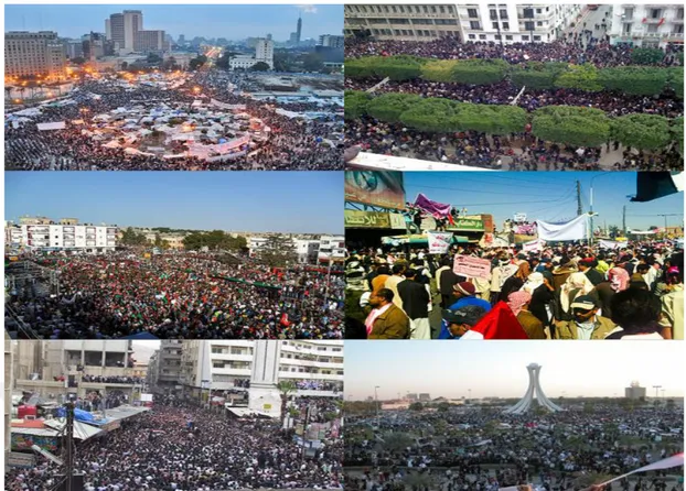 Şekil 2.14:  Arap Baharı'nda Meydan Hareketleri: Sol üstten sırayla: Mısır, Tunus,  Libya, Yemen, Bahreyn, Suriye 
