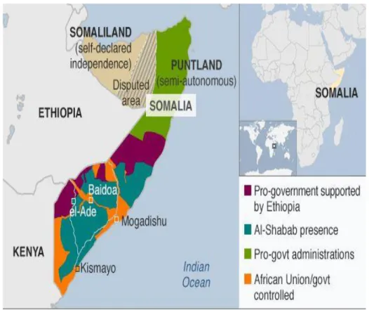 Figure 4.2: Al-Shabaab‟s presence in 2016  Source BBC by Jamal Osman, 2019. 