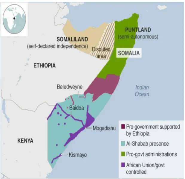 Figure 4.3: Al-Shabaab‟s presence in 2016  Source  BBC by Jamal Osman, 2019. 