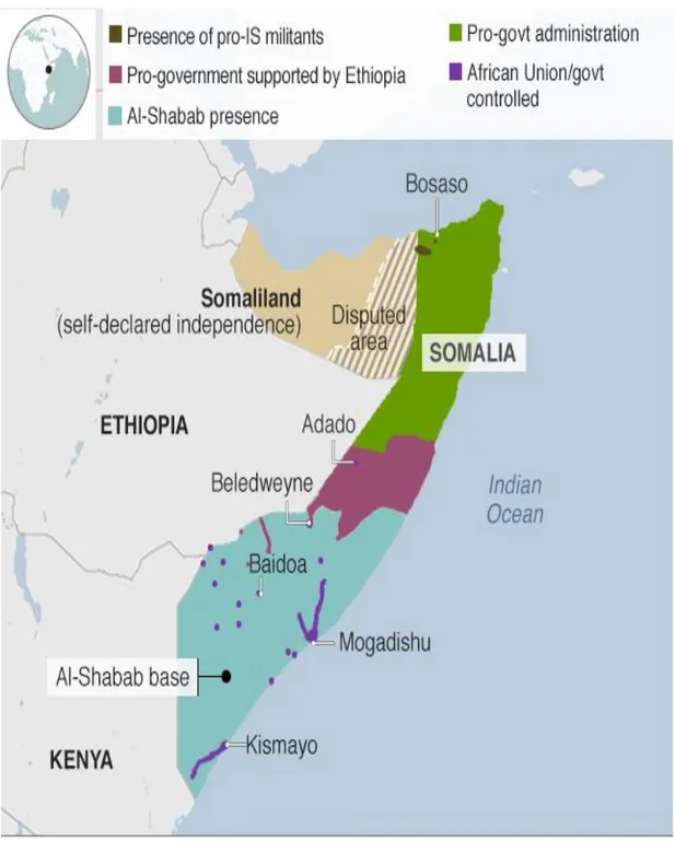 Figure 4.4: Al-Shabaab‟s presence in 2018   Source  BBC by Jamal Osman, 2019. 