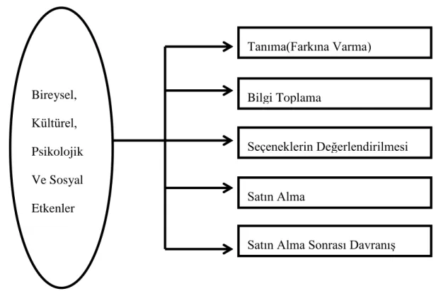 Şekil 3.1: Tüketici Karar Verme Aşamaları (Yağcı ve Çabuk, 2003). Bireysel, Kültürel, Psikolojik Ve Sosyal Etkenler Tanıma(Farkına Varma) Bilgi Toplama  Seçeneklerin Değerlendirilmesi Satın Alma 