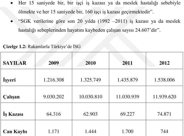 Çizelge 1.2: Rakamlarla Türkiye’de İSG 