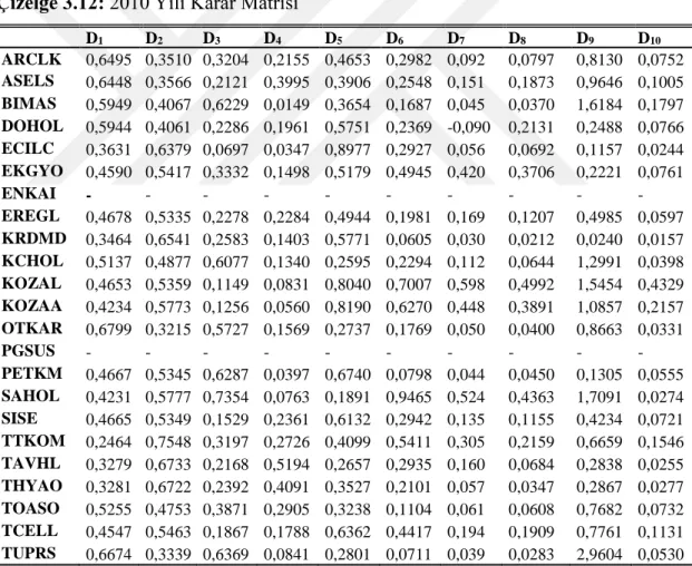 Çizelge 3.12: 2010 Yılı Karar Matrisi 