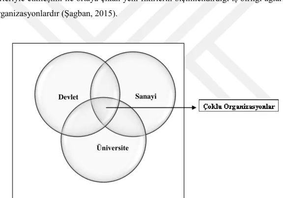 Şekil  2.1’deki  modelde  görüldüğü  gibi  bu  model,  üniversite-sanayi-devlet  iş  birliğinde üçlü sarmal modelini oluşturmaktadır