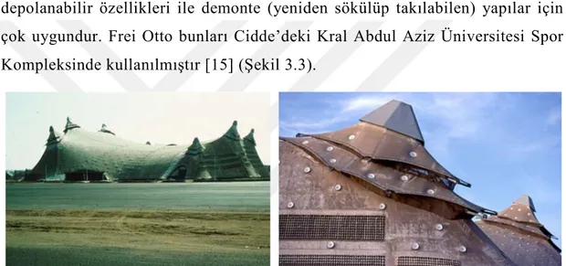 Şekil 3.3: Kral Abdul Aziz Üniversitesi Spor Kompleksi ve çatı detayı [Url- 31,32]  Amerikalı  mimarlık  firması  SOM  (  Skidmore,  Owings  &amp;Merrill’s)  tarafından  1981  yılında  tamamlanmış  olan  Cidde  Havaalanı  (Haj  Terminal)  çatısını  oluştur