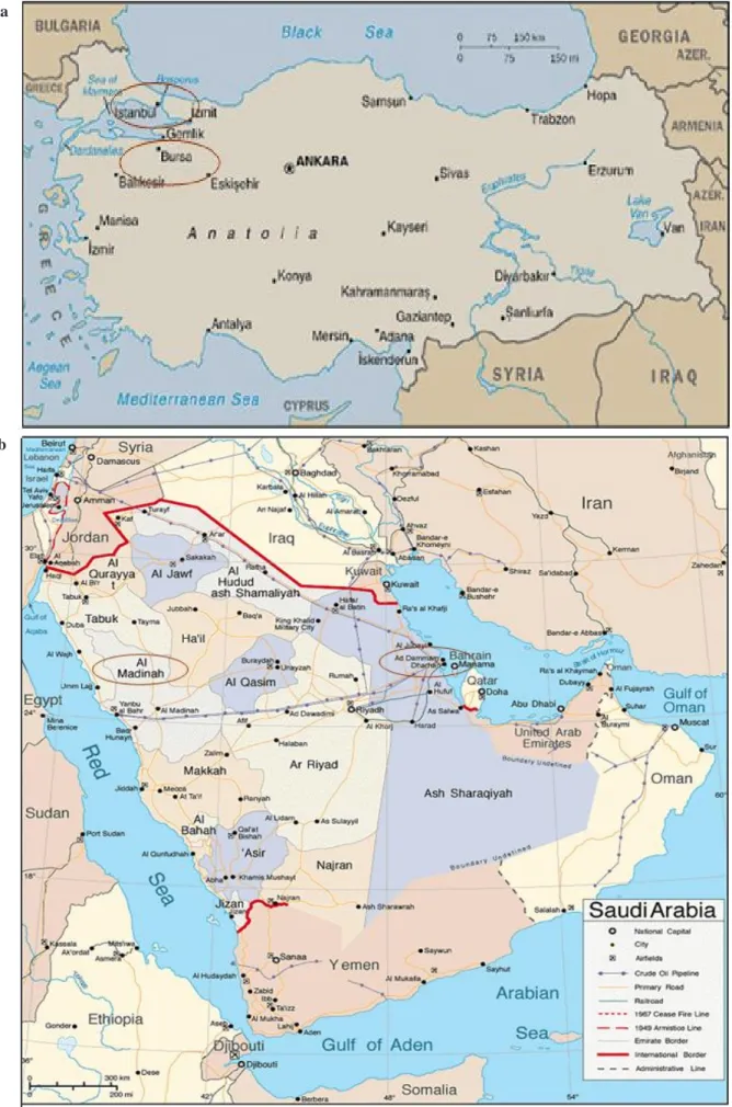 Figure 1. Maps showing location of the study areas and location of the meteorological stations in Turkey (a) and in Saudi Arabia (b).