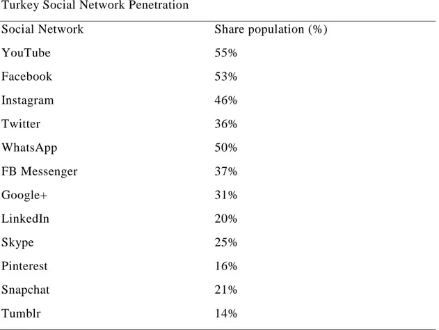 Table 2.4: Social networks visited by the Turks  Turkey Social Network Penetration 