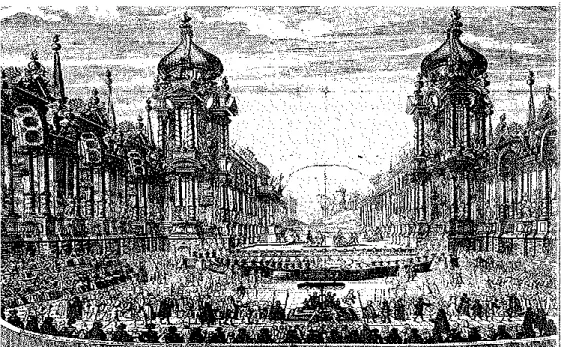 Şekil 2.19 : 1723 yılında Prag Kral Sarayı’nda tasarlanan sahne düzeni (Brockett,  2000)