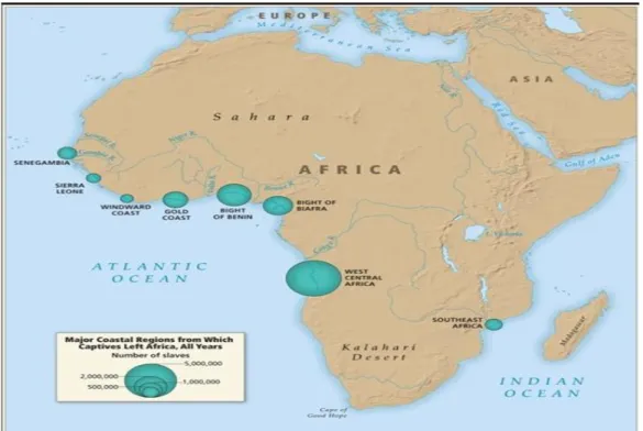Şekil 4.1: Atlantik Köle Ticareti Boyunca Afrikalı Kölelerin İhraç Edildiği Bölgeler 