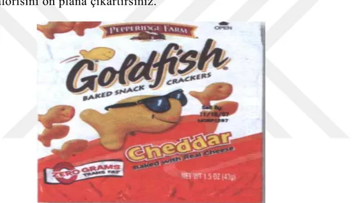 Şekil 2.3: &#34;Sıfır Gram Trans Yağ&#34; ifadesi ve &#34;Gerçek Peynir ile Fırınlanmış&#34;yazısı  Goldfish markasının ambalajında öne çıkan özellikler 