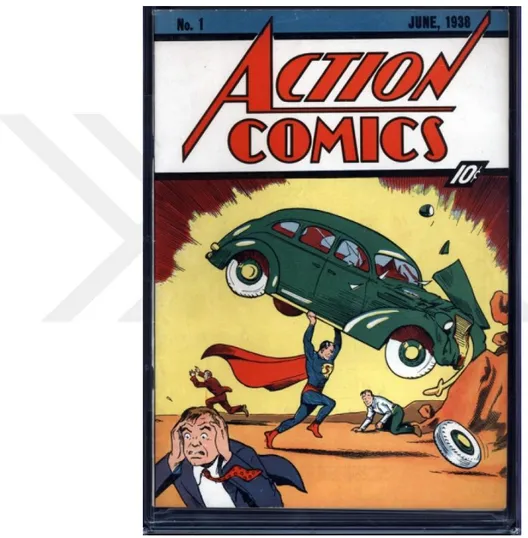 Şekil 2 8: 1938 yılı baskılı Action Comics'in ilk sayısı  Kaynak:  http://cizgiromanokurlariplatformu.blogspot.com.tr/2013/05/evin-duvarndan-supermanin-ilk-says-ckms.html 