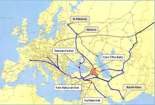 Şekil 2. 12 : Asya-Avrupa Demiryolu Aksları (UDHB, 2008: 4) 