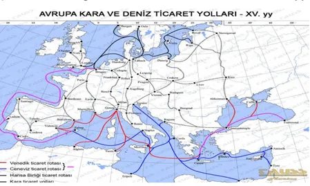Şekil 2.1: Avrupa Kara ve Deniz Ticaret Yolları-XV.yy 