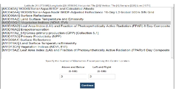 Şekil  2.6’daki  gibi  MODIS  web  sitesi  kullanılarak  inceleme  bölgesinin  enlem  ve  boylam koordinatlarını girilmiştir ve çalışmak istediğimiz ürün seçilmiştir