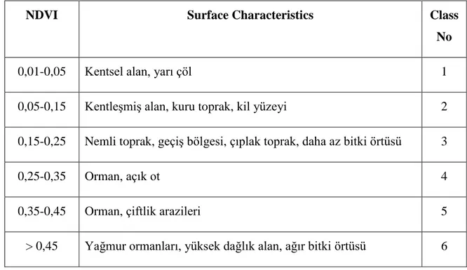 Çizelge 3.1’de  NDVI değerleri ve yüzey karakteristik bilgileri yer almıştır. NDVI  değerine bakılması durumunda o alanın yüzey karakteristiği ile ilgili bilgi elde  edilmiştir