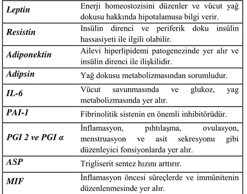 Tablo 2.5: Yağ Hücresinden Salgılanan Ürünler ve Fonksiyonları ( Akyol, 2006). Leptin  Enerji  homeostozisini  düzenler  ve  vücut  yağ 