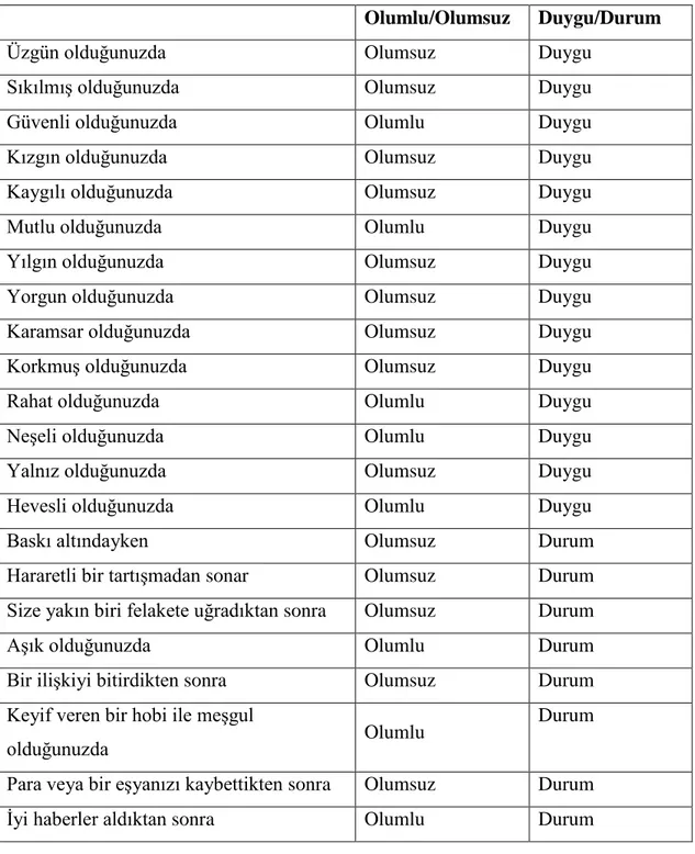 Çizelge 6: Duygusal iştah anketi maddeleri. 