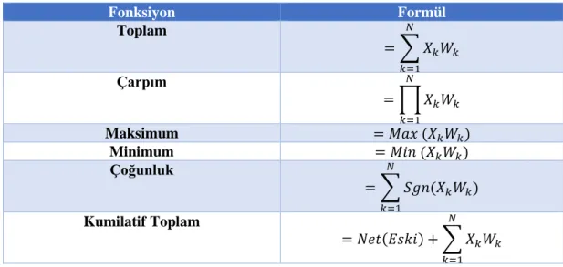 Çizelge 3.1: Bazı Toplama Fonksiyonları 